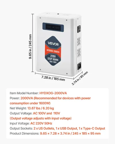 Miniatura 7 de VEVOR Convertidor de Voltaje Reductor, 2000VA, Convertidor de Energía de Voltaje de Servicio Pesado, Transformador de Energía de 220V a 110V, con 2