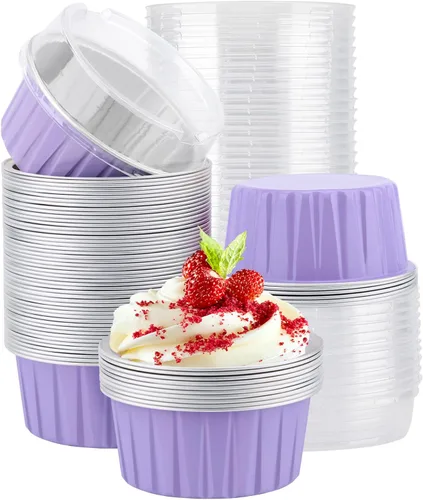 Miniatura 13 de EUSOAR Tazas de aluminio para hornear, paquete de 30 tazas de 5 onzas para cupcakes con tapas, moldes de pastel de 4.2 fl oz, flanes de postres, Azul