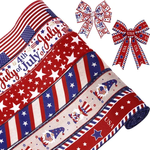 Miniatura 13 de Tigeen 6 rollos de 30 yardas con alambre del 4 de julio, con borde blanco, rojo y azul, rayas estadounidenses, bandera patriótica, estrella, camión
