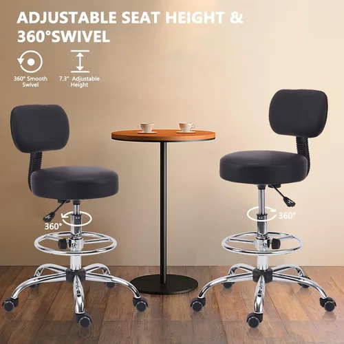 Miniatura 9 de KLASIKA Silla de dibujo con respaldo, reposapiés ajustable altura con ruedas, taburete giratorio de cuero para taller, sillas de oficina, cojín