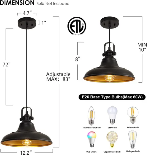 Miniatura 2 de Iluminación Colgante Negra para Isla de Cocina, Luces Colgantes de Granja en Negro Mate para Isla de Cocina, Accesorios de Iluminación Colgante