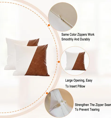 Miniatura 3 de Juego de 2 fundas de almohada de lino blanco con retazos de piel sintética, modernas, minimalistas, rústicas, lisas, bohemias para sofá, sala