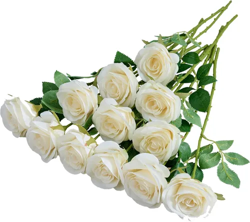 Miniatura 30 de 12 piezas Rosas Flores Artificiales Rosas Falsas Azul Bebé Rosas de Seda Flores de Seda Blancas Rosas con Tallos Largos para Bodas Hogar Fiestas