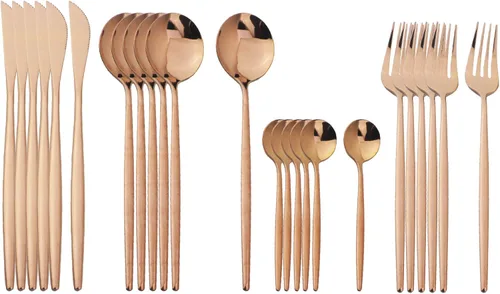 Miniatura 11 de Juego de cubiertos dorados con mango blanco, 24 piezas de acero inoxidable brillante, cubiertos para 6, aptos para lavavajillas Mango blanco dorado