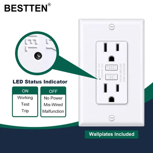 Miniatura 5 de BESTTEN Salida GFCI de 15 amperios con diseño súper delgado, toma eléctrica GFI con indicador LED, receptáculo GFCI no resistente a manipulaciones