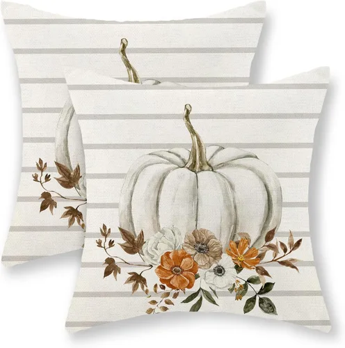 Miniatura 37 de AEIOAE - Juego de 2 fundas cuadradas de almohadones de lino para otoño con calabaza en tono naranja quemado y blanco, para decoración al aire libre