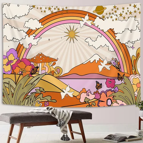 Miniatura 3 de TOMOZ Tapiz vintage de los años 70 y 60, diseño retro de flores, nubes, sol y arco iris, tapiz para colgar en la pared, tapiz psicodélico bohemio