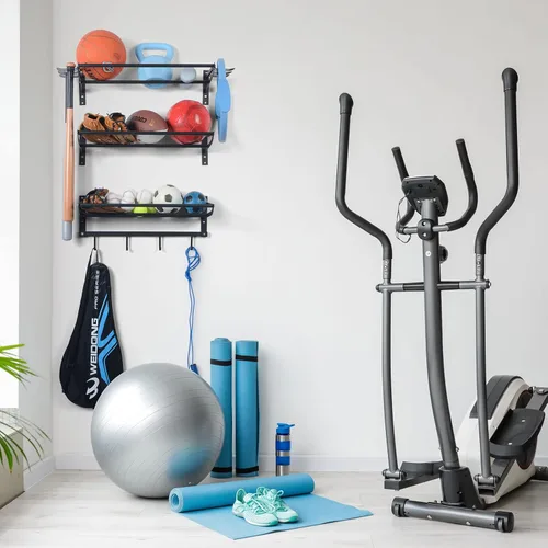 Miniatura 7 de XCSOURCE Organizador de equipos deportivos, estante de almacenamiento de bolas de 3 niveles con soportes para bates y raquetas, estante