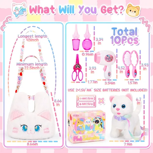 Miniatura 2 de NINAOR Juguetes interactivos para gatos para niños con bolsas bandolera, peluche de gato con correa para caminar y maullar, juguete de robot gatito