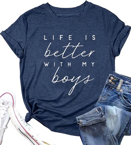 BOMYTAO Camiseta divertida de manga corta para mujer camiseta casual con la frase Life is Better with My Boys