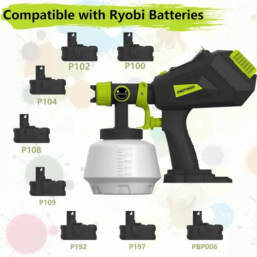 Miniatura 5 de Pulverizador de pintura inalámbrico para batería Ryobi de 18V, pistola de pintura HVLP de mano con 3 patrones de pulverización y 4 boquillas, ideal