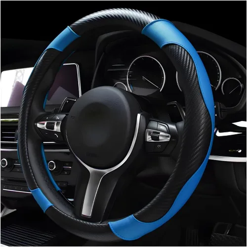 Miniatura 9 de DXNQ Funda para volante de automóvil, 15 pulgadas de fibra de carbono con costuras de piel, protector de volante de color, antideslizante, elástica