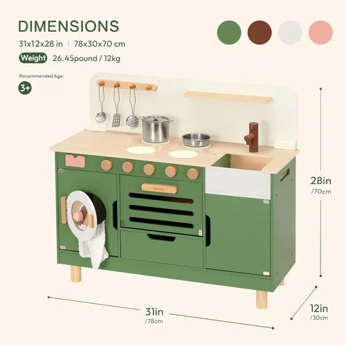 Miniatura 6 de Cocina de madera para niños con lavadora 2 en 1 Montessori Juego de juego de simulación con fregadero y horno, regalo para niños y niñas a partir