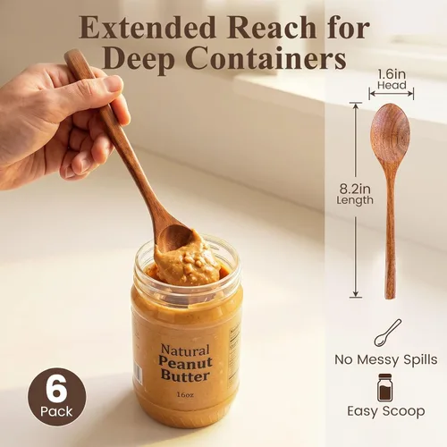 Miniatura 2 de HAKSEN Cucharas de madera para comer, cuchara de sopa de madera de 8.2 pulgadas con mango largo para comida coreana, comida diaria, salsa, café, 6