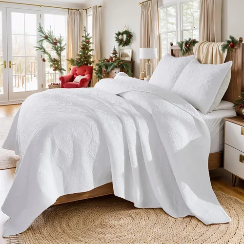 Miniatura 9 de Brandream juego de cama de lujo de 3 piezas, color blanco, de gran tamaño, juego de edredón, tamaño queen
