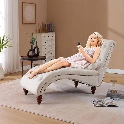 Miniatura 8 de Moderna tumbona de terciopelo para interiores con ribete de cabeza de clavo, sillón sin brazos con botones para interior con almohada lumbar y 4