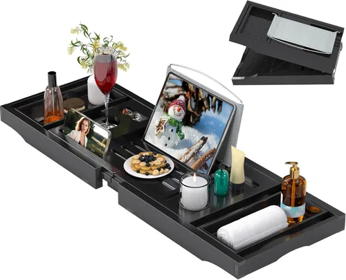 Miniatura 13 de Bandeja de bañera de madera de acacia, bandeja de baño plegable para bañera, bandejas de mesa de baño expandibles, accesorios de bañera y baño