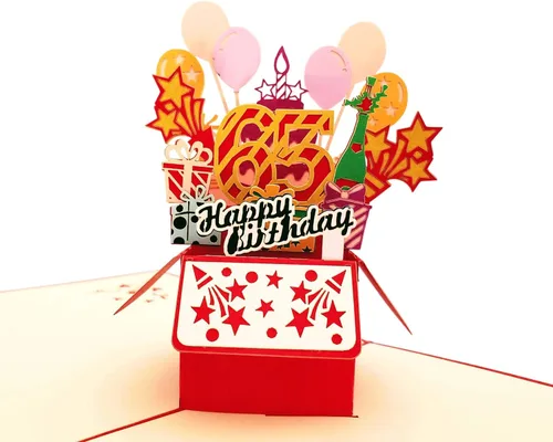 Miniatura 2 de iGifts And Cards Tarjeta de felicitación emergente 3D con caja de fiesta de cumpleaños número 65 color rojo de feliz 65 años – Sesenta y cinco