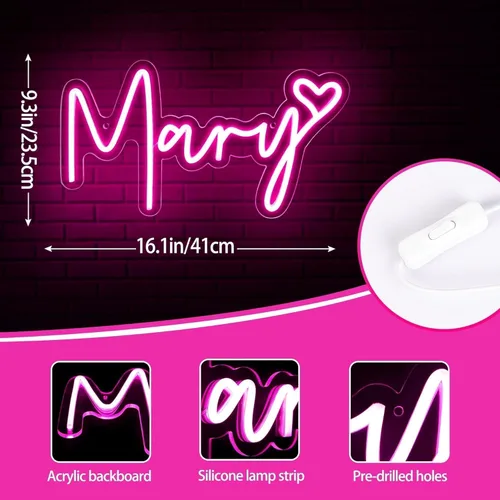 Miniatura 2 de Letrero de neón grande con el nombre Mary para decoración de pared, luz de neón LED con el nombre Mary para dormitorio de niños, decoración