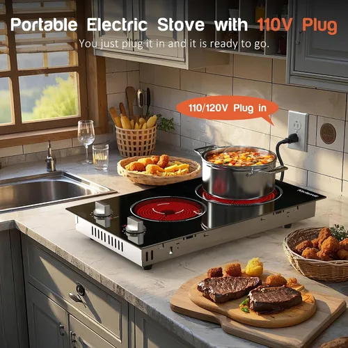 Miniatura 2 de Estufa eléctrica de 2 quemadores 2000W, estufa eléctrica enchufable de 110v, encimera y estufa eléctrica incorporada de 12 pulgadas, control