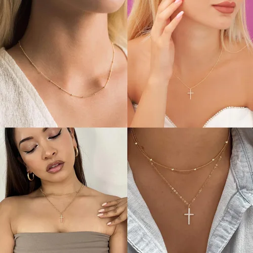Miniatura 61 de Collar de cruz para mujeres y niñas, delicado chapado en oro de 14 quilates, gargantilla con dije de cruz que no se deslustra, impermeable, moderno