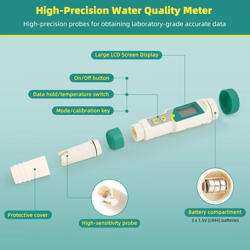 Miniatura 5 de Medidor de PH/TDS Medidor digital de agua 7 en 1 Medidor TDS y probador de salinidad PH Temp EC, Medidor de PH de alta precisión para agua con Verde