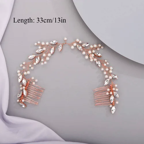 Miniatura 5 de Chargances Peine de vid de cristal con perlas para novias, diadema larga dorada, diadema larga, accesorio hecho a mano, accesorios para el cabello