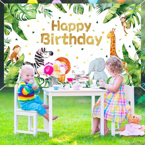 Miniatura 7 de Suministros para fiesta de cumpleaños de safari con temática de animales de la selva, telón de fondo, zoológico, animales, decoraciones de fiesta