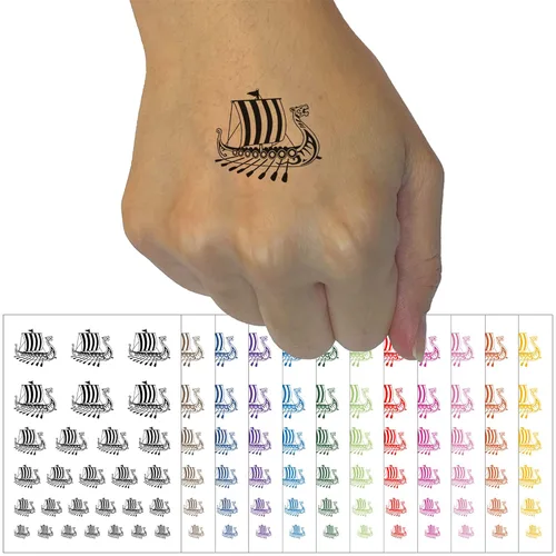 Viking Dragon Longboat Ship - Tatuaje temporal resistente al agua, colección de arte corporal falso, color negro (una hoja)