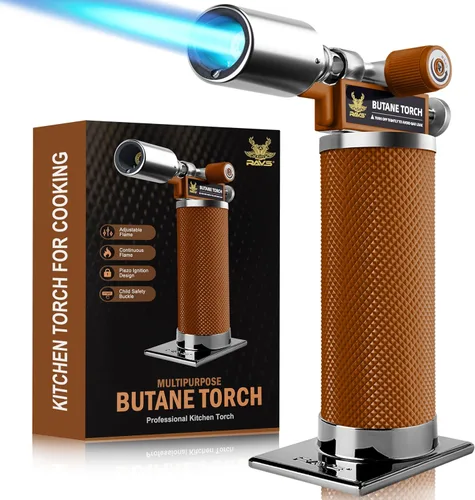 Miniatura 11 de RAVS Encendedor de butano, soplete de cocina recargable con llama ajustable y hebilla de seguridad, mini linterna de metal premium para hornear