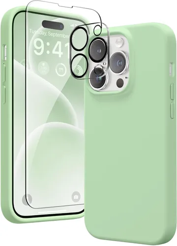 Miniatura 88 de GONEZ Funda de silicona para iPhone 14 Pro Max, compatible con MagSafe, con protector de pantalla + protector de lente de cámara, silicona líquida a