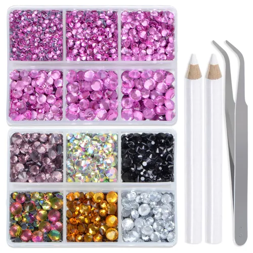 Miniatura 15 de LPBeads 6400 unidades de diamantes termoadhesivos de 12 colores con parte trasera plana, 5 tamaños mixtos, gemas de cristal redondas con pinzas