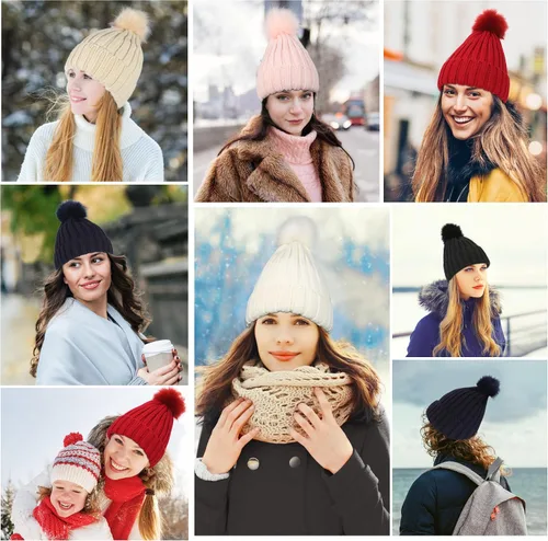 Miniatura 7 de Muryobao Gorro de invierno para mujer, con forro de satén, de piel sintética, con pompones, de punto, con forma de calavera