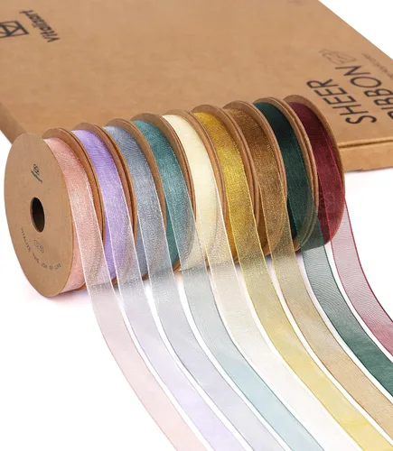 Vitalizart - 3/8" x 90 yardas de cinta de organza, juego de 9 rollos x 10 yardas de cinta transparente para envolver regalos, manualidades, lazos