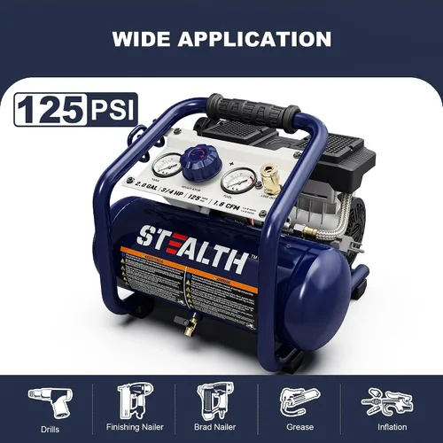 Miniatura 3 de Stealth Compresor de aire de 2 galones, compresor de 3/4 HP sin aceite, compresor de aire eléctrico ultra silencioso de menos de 60dB, presión
