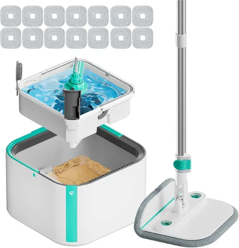 Miniatura 10 de Trapeador giratorio mejorado y cubo de trapeador autosuficiente, sistema de agua sucia y limpia, rotación de 360° y plegable de 90°, trapeadores