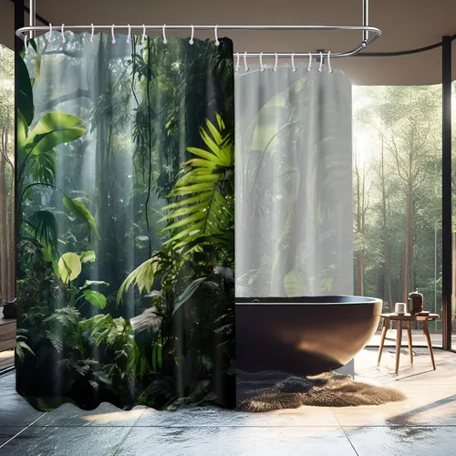 Miniatura 11 de Cortina de ducha verde de selva naturaleza bosque selva tropical paisaje planta tropical decoración de baño, tela impermeable con ganchos, 36x72