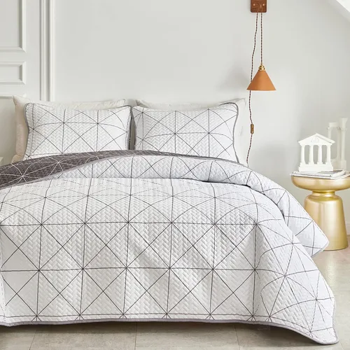 Miniatura 5 de Juego de edredón reversible de 3 piezas, cuadriculado blanco y gris, tamaño king 102 x 88 pulgadas, suave microfibra ligera, colcha de verano