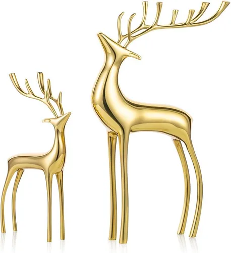 Sziqiqi Juego de 2 estatuas de renos de lujo, adornos de reno pesado de cobre puro para decoración del hogar, sala de estar, oficina, libro, mantel