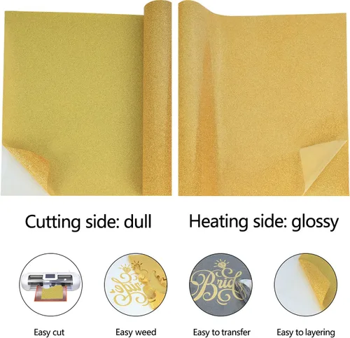 Miniatura 5 de Guangyintong Vinilo de Transferencia de Calor Dorado con Purpurina, 12" x 8 pies Vinilo Termoadhesivo para Camisetas, Fácil de Cortar y Quitar