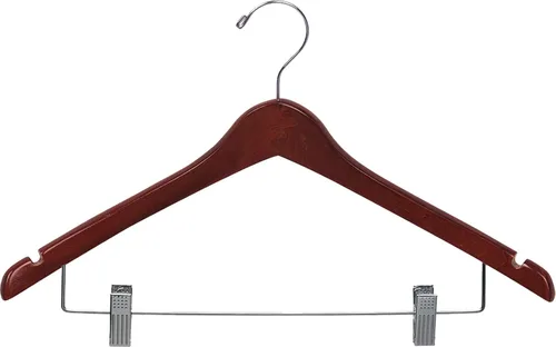Percha curvada de madera con clips de cojín ajustables, caja de 100 perchas de madera de 17 pulgadas con acabado de nogal y gancho giratorio cromado