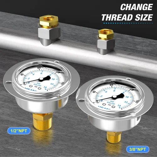Miniatura 3 de MEANLIN MEASURE Manómetro de presión con líquido de 0~200 Psi, montaje en panel con brida frontal, NPT de 1/4", esfera de 2.5 pulgadas, caja