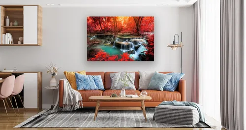 Miniatura 5 de Muolunna BK03969 - Lienzo decorativo para pared, diseño de cascadas de bosque rojo, 1 pieza, árbol de paisaje moderno para sala de estar