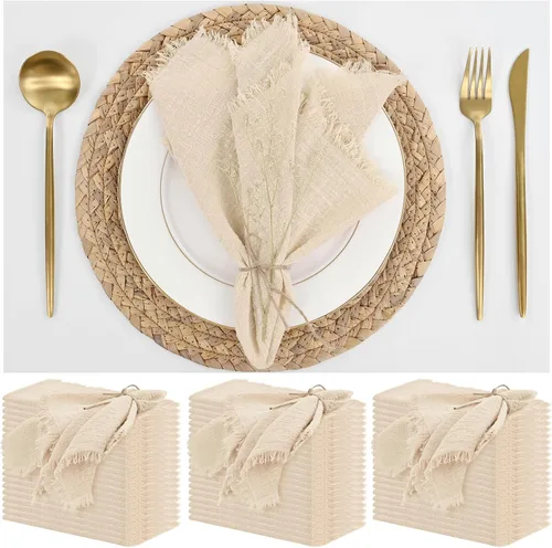 Miniatura 15 de Paquete de 12 servilletas de lino y algodón beige de 16 x 16 pulgadas, hechas a mano con flecos, servilletas de tela suave, lavables y rústicas