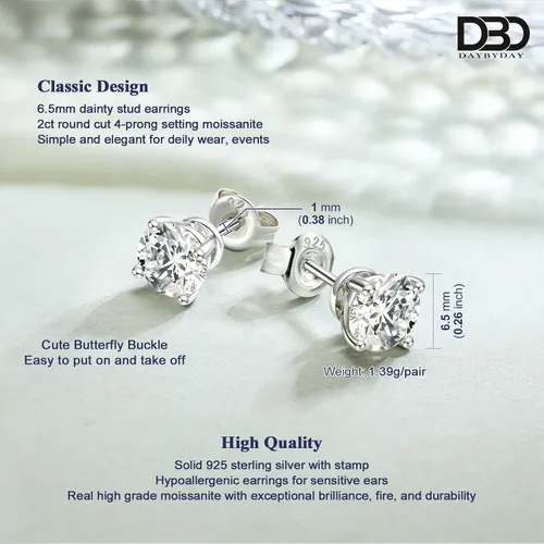 Miniatura 6 de DAYBYDAY Aretes de plata de ley 925 de moissanita para mujeres y niñas, delicados y lindos corazones, redondos, cojines, ovalados, color D, VVS1