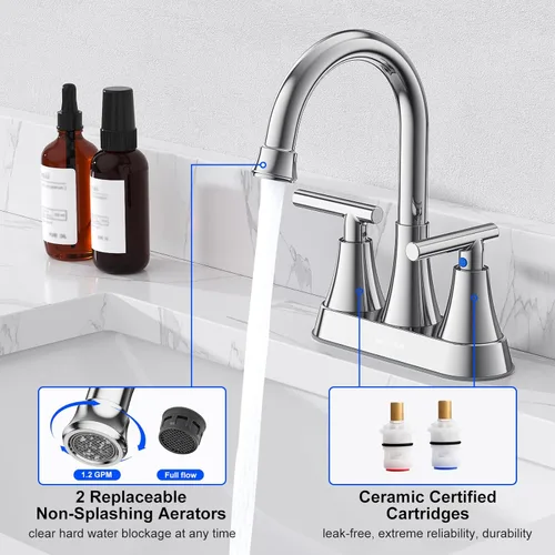 Miniatura 4 de Hurran - Grifos de baño para lavabo de 3 agujeros, grifo de lavabo de baño cromado de 4 pulgadas con desagüe emergente y mangueras de suministro
