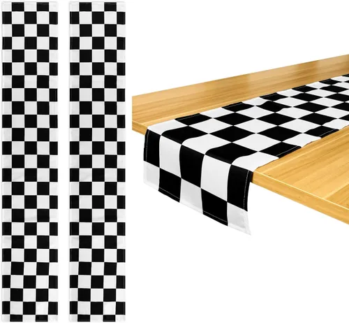 Miniatura 10 de Breling Paquete de 2 manteles de mesa a cuadros en blanco y negro con bandera de carreras de poliéster, para fiesta de té, suministros de picnic