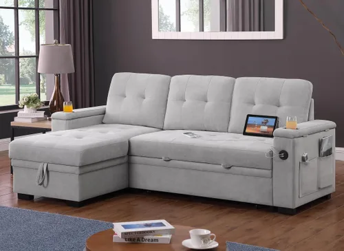 Miniatura 3 de Lilola Home Ashlyn II - Sofá modular reversible de tela tejida gris de 84 pulgadas con diván de almacenamiento, brazos de almacenamiento