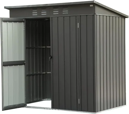Cobertizo pequeño de almacenamiento de metal de 5 x 3 pies para exteriores, cobertizo de jardín gris oscuro con techo inclinado y puertas dobles con