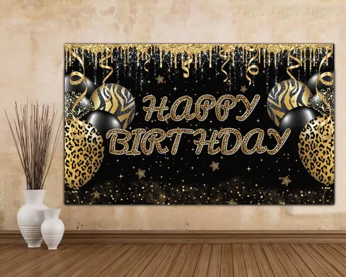 Miniatura 5 de Telón de fondo grande de leopardo dorado con texto en inglés "Happy Birthday", enorme pancarta de guepardo para decoración de fiestas, fondo
